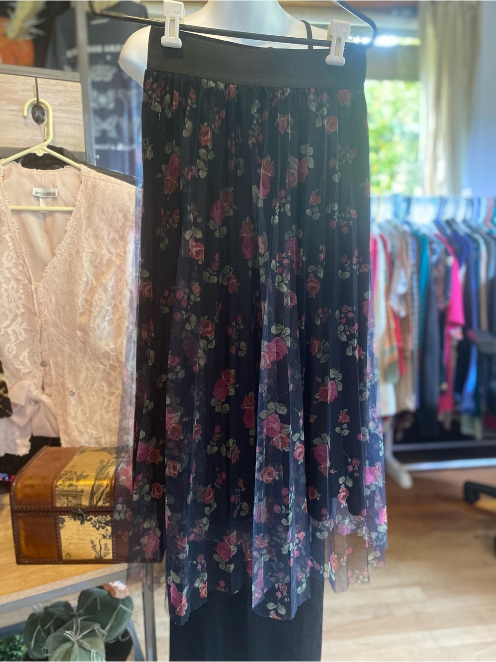 Active USA Black Floral Pleated Midi Skirt with Pink Roses